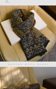 Merino wool winter scarf with retro ethnic geometric pattern, cozy and stylish accessory.