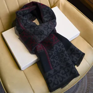 Men's retro ethnic winter scarf with classic patterned design, soft tassel trim, dark grey and red.