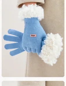 Winter knit touchscreen gloves with plush fluffy shearling cuff warm soft blue women