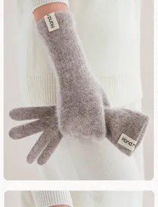 Lange gebreide handschoenen voor vrouwen, pluche warme winterhandschoenen met vingers en etiket.