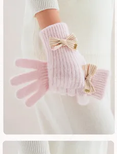 Gants tricotés d'hiver pour femmes, gants roses à cinq doigts avec nœud beige et étiquette