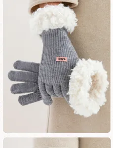 Detailed view of women winter knit gloves with plush shearling cuffs for warm daily wear.
