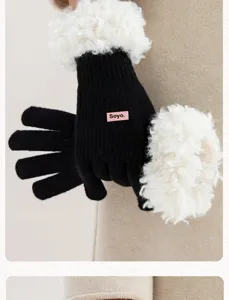 Women winter knit gloves faux shearling cuffs black warm touch screen gloves for cold weather