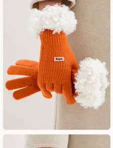 Women winter knit gloves with faux shearling cuff orange touch screen warm detail close-up
