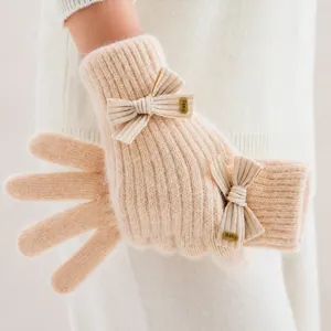 Gants Tricotés Chauds d'Hiver pour Femmes Joli Noeud Papillon Acrylique Gants à Cinq Doigts Par Temps Froid Gants Thermiques de Mode