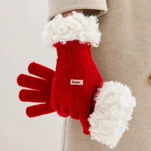 Women Winter Warm Knitted Gloves Touchscreen Acrylic Faux Shearling Cuffs Cold Weather Thermal Gloves Daily Driving Mittens