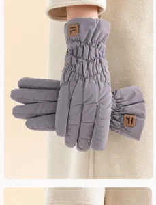 Women's winter thick padded down cotton gloves, windproof warm ski mittens in grey.