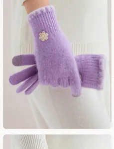 Gants tactiles en peluche d'hiver pour femmes violet effet fourrure lapin détail