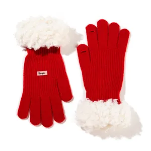 Red knit touchscreen gloves with white faux shearling cuffs winter warm knitwear pairs.