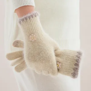 Gants Chauds d'Hiver en Acrylique pour Femmes Gants Tricotés en Peluche Thermiques Écran Tactile Mignons Floraux Extérieur Temps Froid