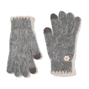 Gants d'hiver chauds pour femmes en peluche tactile tricotés avec fleur, paire grise