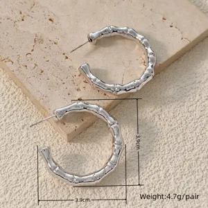 Silver bamboo textured hoop earrings geometric statement earrings vintage jewelry for women 1 pair