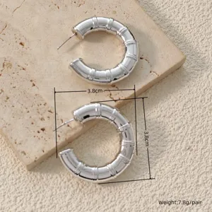 Chic chunky silver bamboo hoop earrings, vintage geometric statement metal jewelry for women