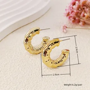 Gold bamboo hoop earrings for women, statement geometric metal earrings 2.9cm, 6.2g pairs.