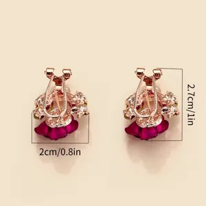 Elegant rose gold flower earrings detail showing size 2cm by 2.7cm for women daily wear.