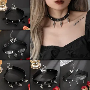 Gothic Punk Faux Leather Choker Necklace With Alloy Rivets Spikes Heart Angel Bat Pendant Dark Edgy Unisex Party Jewelry Gift