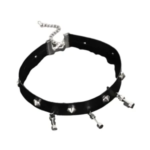 Gothic punk black leather choker necklace with metal rivets and cool dumbbell pendants for daily wear.