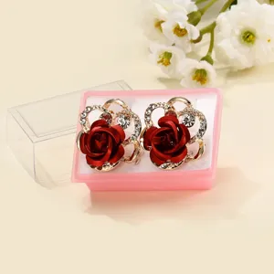 Korean fashion diamond inlaid red rose flower earrings for women, elegant jewelry detail.