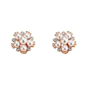 Korean style pearl flower stud earrings with sparkling rhinestones, elegant gold tone design.