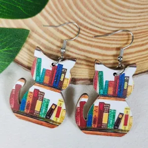Houten kat boekenplank hangende oorbellen, creatieve school sieraden voor vrouwen.