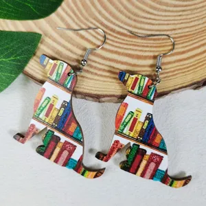 Creatieve dier silhouette houten boekenplank print oorbellen dames mode dagelijks cadeau