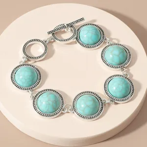Bohemian turquoise silver link bracelet vintage retro women fashion jewelry gift.