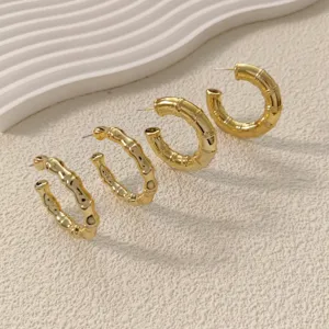 Gold bamboo joint hoop earrings for women, stylish geometric metal round earrings jewelry.