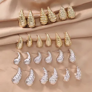 Stylish gold silver waterdrop conch textured stud earrings set fashion trendy jewelry gift