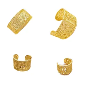 Vintage Gold Ethno Blumen Hohl Manschette Armband Ring Set für orientalische Braut Hochzeit.