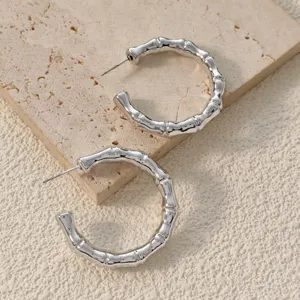 Silver bamboo hoop earrings vintage style statement geometric jewelry for women daily wear