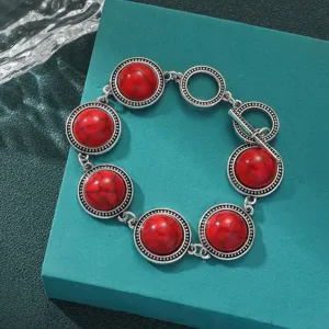 Bohemian retro red turquoise stone silver link bracelet for women fashion jewelry main display
