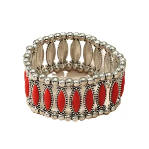 Bracelet extensible argenté antique vintage avec pierres résine rouge bijoux femme