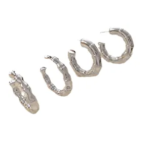 Silver bamboo hoop earrings set, exaggerated geometric metal retro jewelry for women.