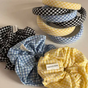Classic gingham fabric headband and scrunchie set, cute daily hair accessories for women.
