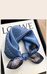 Retro blue paisley mulberry silk small square scarf for women, elegant thin neck scarf.
