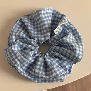 Blue white gingham hair scrunchie detail, cute plaid fluffy hair tie for daily wear.