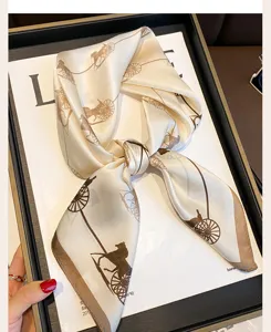 Luxury silk square scarf with vintage carriage print, elegant women neckerchief for daily wear.