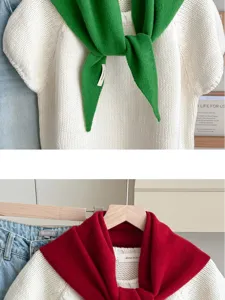 Gebreid korte mouw top met wol driehoek sjaal shawl set, gezellige warme halsbescherming.