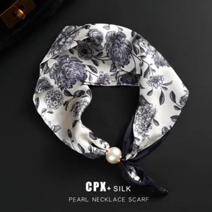 Damen Mode Bedruckter Satinschal Seidengefühl Schmaler Langer Halstuch Mit Perle Magnetischer Schnalle Eleganter Halsschmuck