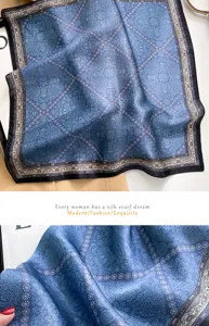 Close-up detail of the vintage blue paisley silk square scarf with soft texture and patterns.