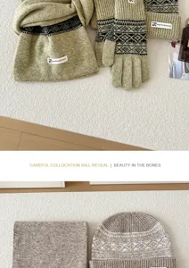 Hermoso conjunto de gorro bufanda y guantes gruesos de invierno moda punto acogedor.
