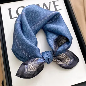Retro Blue Paisley Mulberry Silk Square Scarf Vintage Silk Neckerchief For Women Men