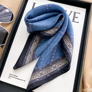 Vintage blue paisley mulberry silk small square scarf, elegant neckerchief for men and women.