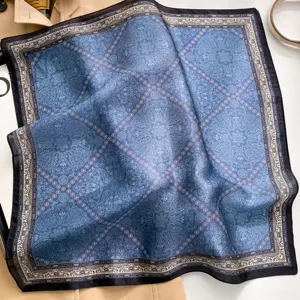 Luxury blue paisley silk square scarf for men and women, elegant lightweight neckerchief.