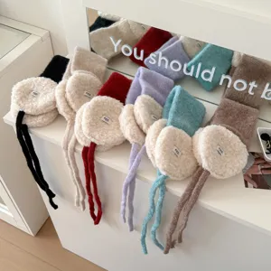 Knitted plush earmuffs winter warm cute ear warmer with long straps cozy accessory