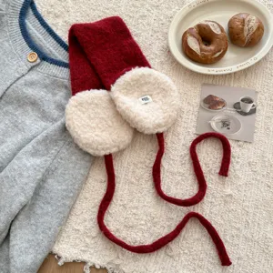 Red strap knitted earmuffs for women winter cute warm plush ear cover accessories.