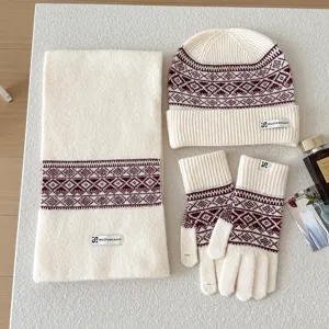 Conjunto gorro bufanda y guantes de punto invierno cálido grueso patrón nórdico regalo