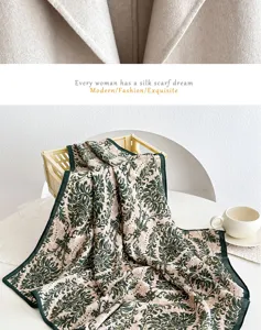 Detailed view of the beige and green printed square scarf with elegant border design.