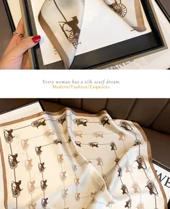Luxury silk scarf with classic carriage print, elegant women square neckerchief for gift styling.