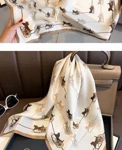 Luxury silk square scarf with vintage carriage print, elegant women neckerchief accessory.
